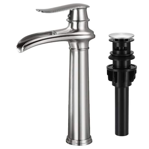 Single Handle Single Hole Bathroom Vessel Sink Faucet Waterfall Bathroom Sink Faucet with Pop-Up Drain in Brushed Nickel