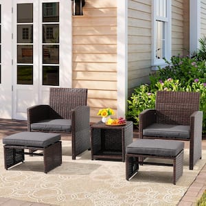 OC Orange Casual 5-Piece Brown Wicker Outdoor Conversation Set with Ottomans, Dark Grey Cushions