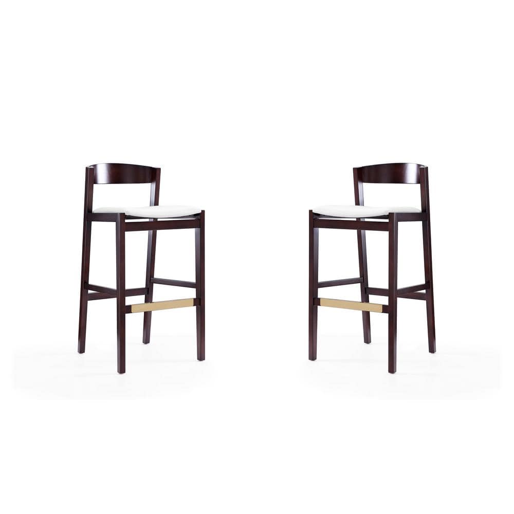 Klismos Ivory and Dark Walnut Wood Barstools with Faux Leather Seats, Set of 2