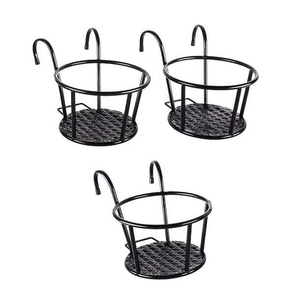 7.8 in. Black Metal Hanging Planter Durable Steel Construction Decorative Over Rail Fence Flower Pot Holder 3-Pack