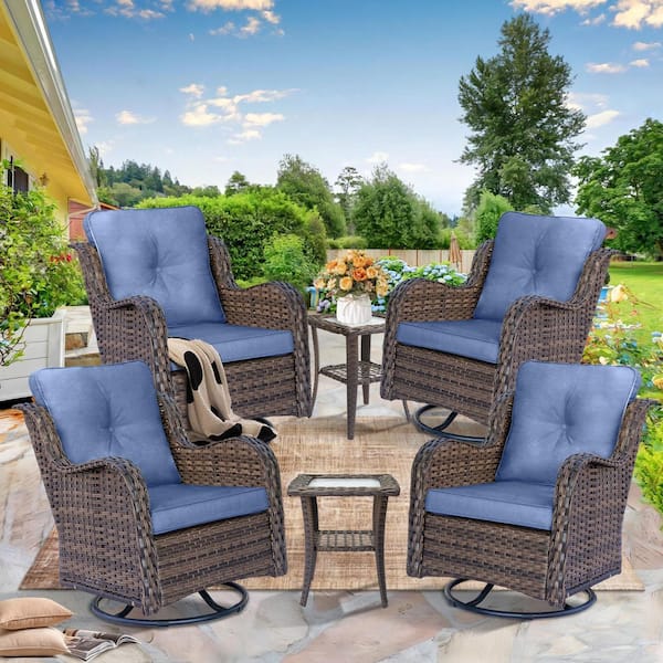 kuurfuurdo Brown 6 Piece Wicker Patio Conversation Set Swivel Rocking Chairs with Side Table and Denim Blue Cushions