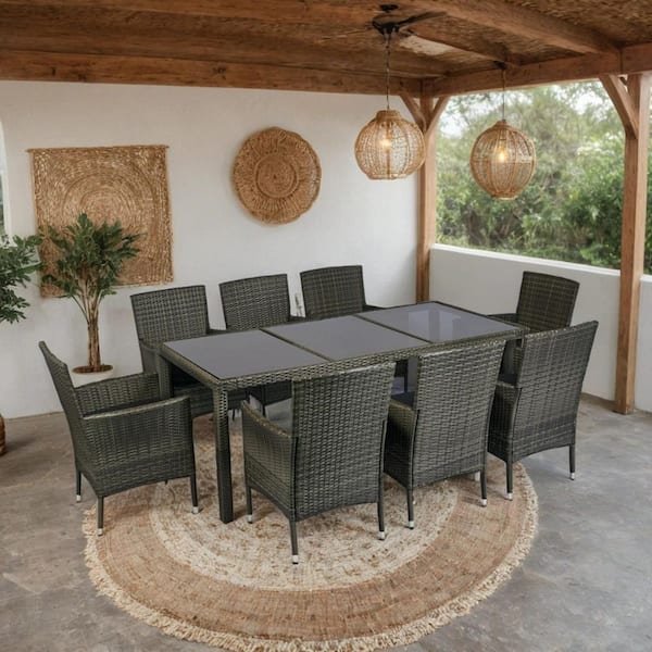 Harper & Bright Designs Gray 9-Piece Wicker Outdoor Dining Set With Black Cushions