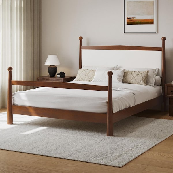 Juno Brown Wood Frame Queen Size Modern Upholstered Boucle Platform Bed with Headboard