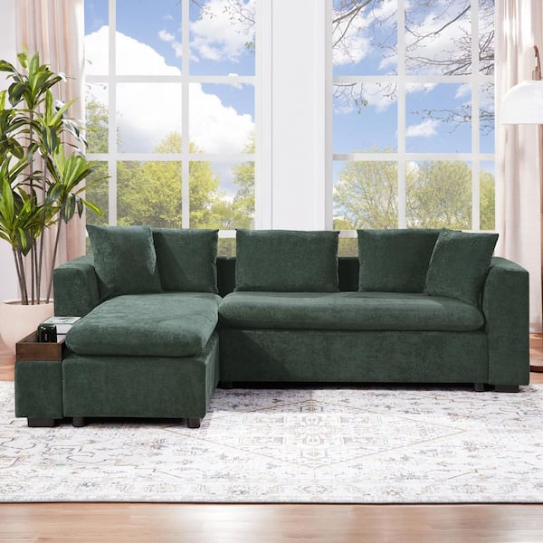 93.7 in. Upholstered L-shaped Chenille Sectional Sofa in Green with Wooden Storage Compartment, Pillows