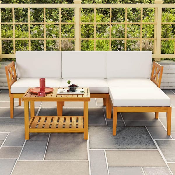 Costway 5-Piece Acacia Wood Patio Conversation Set with 2-Tier Coffee Table and White Cushions