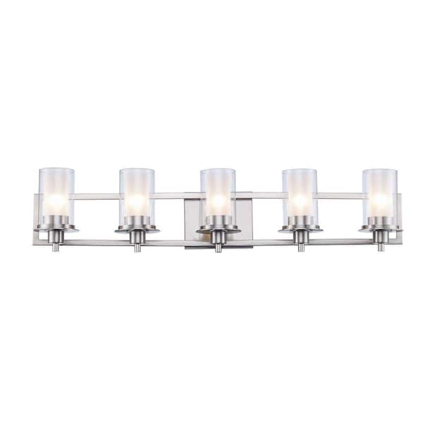 Bel Air Lighting Odyssey 37.75 in. 5-Light Brushed Nickel Bathroom Vanity Light with Frosted Inner Glass and Clear Outer Glass
