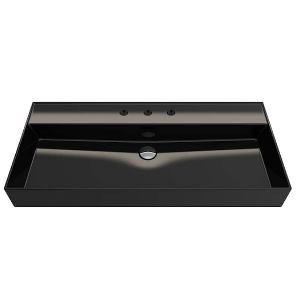 BOCCHI Milano 39.75 in. 3-Hole Black Fireclay Rectangular Wall-Mounted Bathroom Sink with Overflow