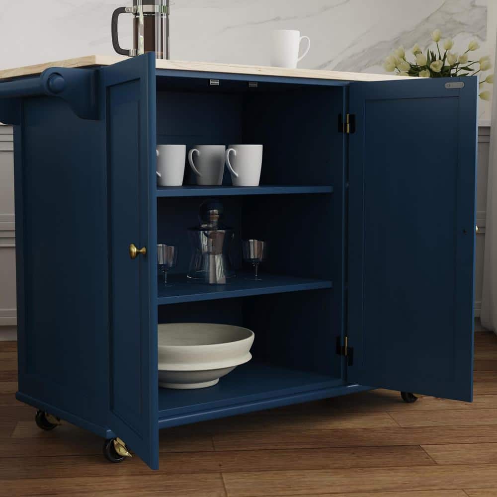 Blue Wood Drop Leaf Kitchen Cart with Spice Rack