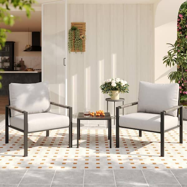 AURA OUTDOOR 3-Piece Rattan Outdoor Furniture Set with Warm Grey Padded Cushions and Coffee Table