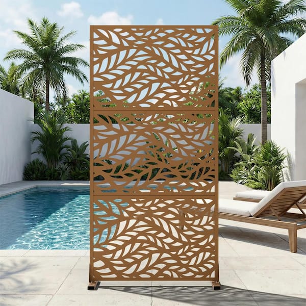 35 in. W x 72 in. H Brown Galvanized Steel Freestanding Wavy Leaf Cut Garden Privacy Screen (1-Pack)