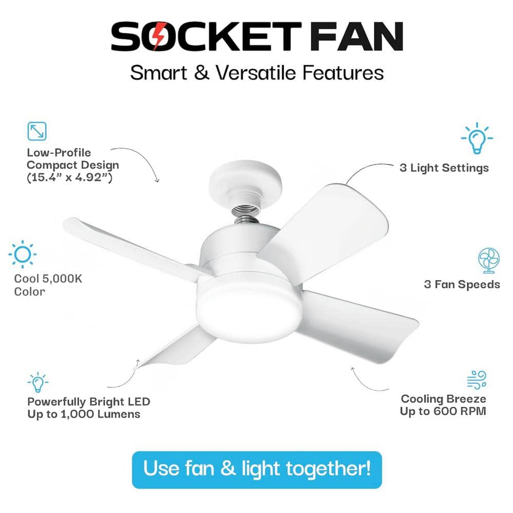 15.7 in. Indoor White Ceiling Fan with Remote, LED Light, Socket