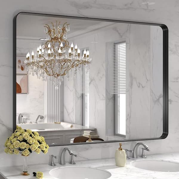Apmir 48 in. W x 30 in. H Rectangular Aluminum Alloy Framed and Tempered Glass Wall Bathroom Vanity Mirror in Matte Black
