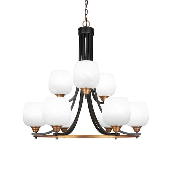Unbranded Madison 9-Light Matte Black and Brass Round Chandelier with 6 in. White Marble Glass Shades, No bulbs included