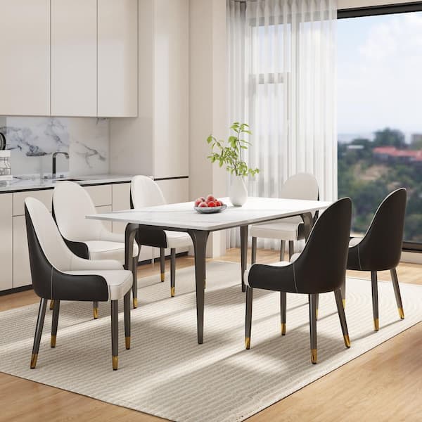 (Set of 6) Ergonomic PU Faux Leather Dining Chair Morden Desk Chair with Solid Wood Metal Legs and Backrest, White