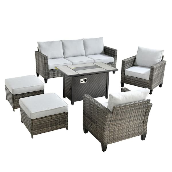 Flora 6-Piece Wicker Patio Rectangle Fire Pit Conversation Set with Gray Cushions