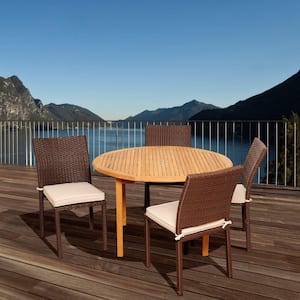 Seraphine 5-Piece Teak Round Patio Dining Set with Off-White Cushions