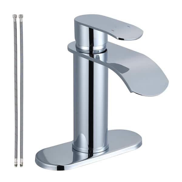 Single Handle Deck Mounted Waterfall Bathroom Faucet with Deck Plate and Pop-Up Drain Included in Polished Chrome