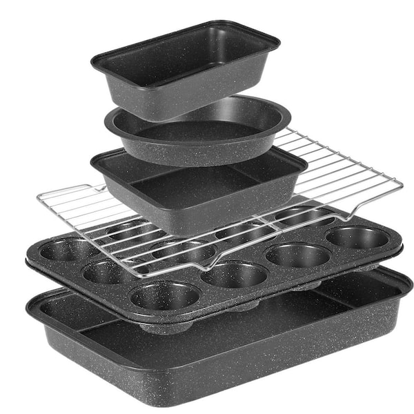 6 Piece Carbon Steel Nonstick Deluxe Ceramic Coated Double Bakeware Set with Roaster Muffin Loaf Cake Pan for Oven