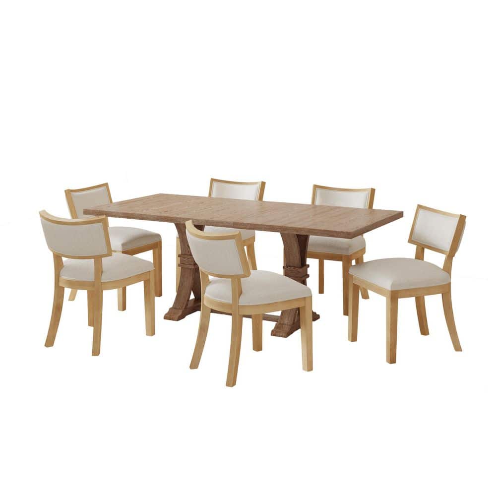 Darling 7-Piece Expandable Rectangular Dining Set with Cushioned Seats, Solid Wood, Natural plus Beige