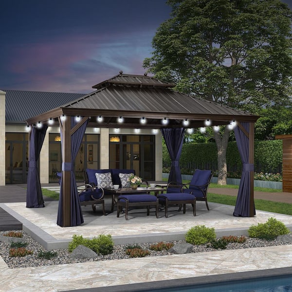 12 ft.x 14 ft.Bronze Patio Outdoor Gazebo for Backyard Hardtop Aluminum Frame with Hooks,Netting ,Blue Curtain,24 Lights