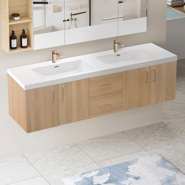 72 in. W x 19 in. D x 20. 5 in. H Single Sink Floating Natural Wood Bath Vanity with White Resin Integral Top Assembled