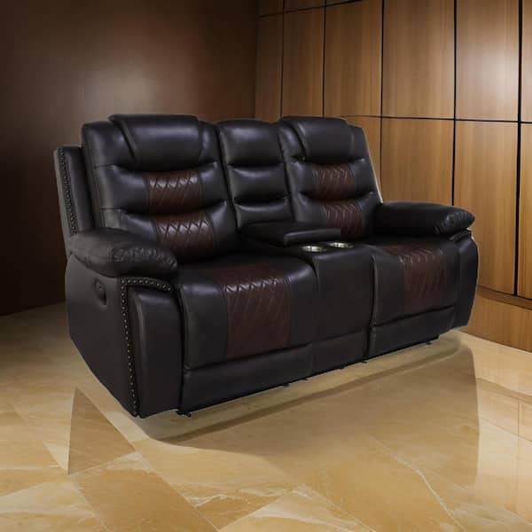 Benjara 73.6 in. Pillow Top Arm Faux Leather Rectangle Loveseat Power Recliners Sofa in Brown and Silver