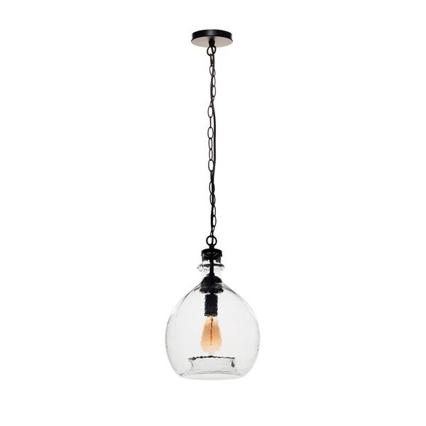 1-Light Hanging Hammered Glass Pendant Light with Blue Glass Shade Black 11 in