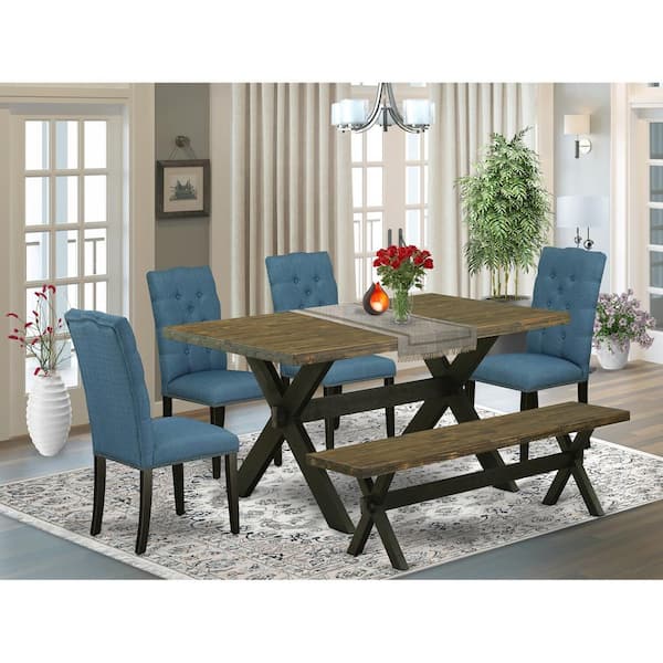 East West Furniture 6-Piece Rectangle Distressed Jacobean Finish Solid Wood Top Dining Table with 1-Bench, 4-Chairs with Lattice Back