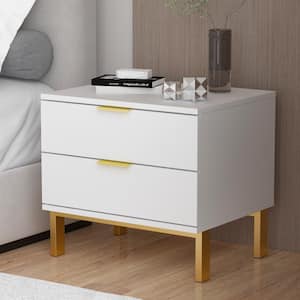 2-Drawer White Wooden Nightstand Bedside Table with 4-Gold Metal Legs 15.7 in. D x 19.7 in. W x 17.9 in. H