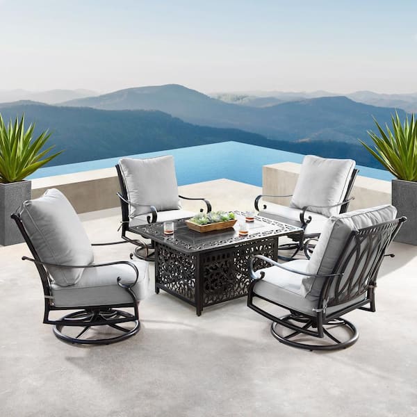 Oakland Living Rica Luxurious Antique Copper 5-Piece Aluminum Patio Fire Pit Deep Seating Set with Light Grey Cushions