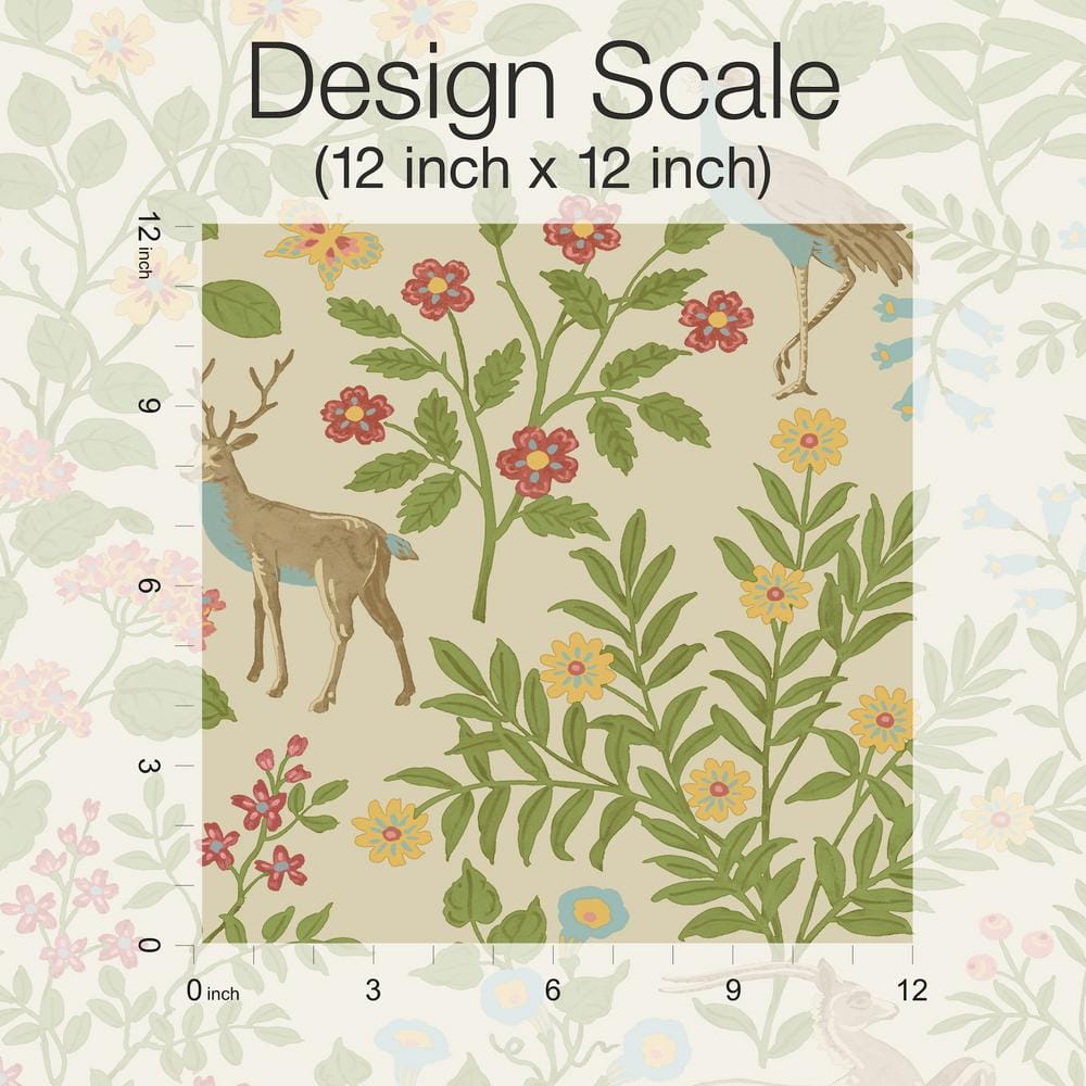 Linen Tan and Green Floral Peel and Stick Wallpaper