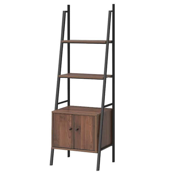Costway 63 in. Brown Wood 3-Shelf Bookcase Metal Frame Bookshelf with Storage Cabinet Plant Stand
