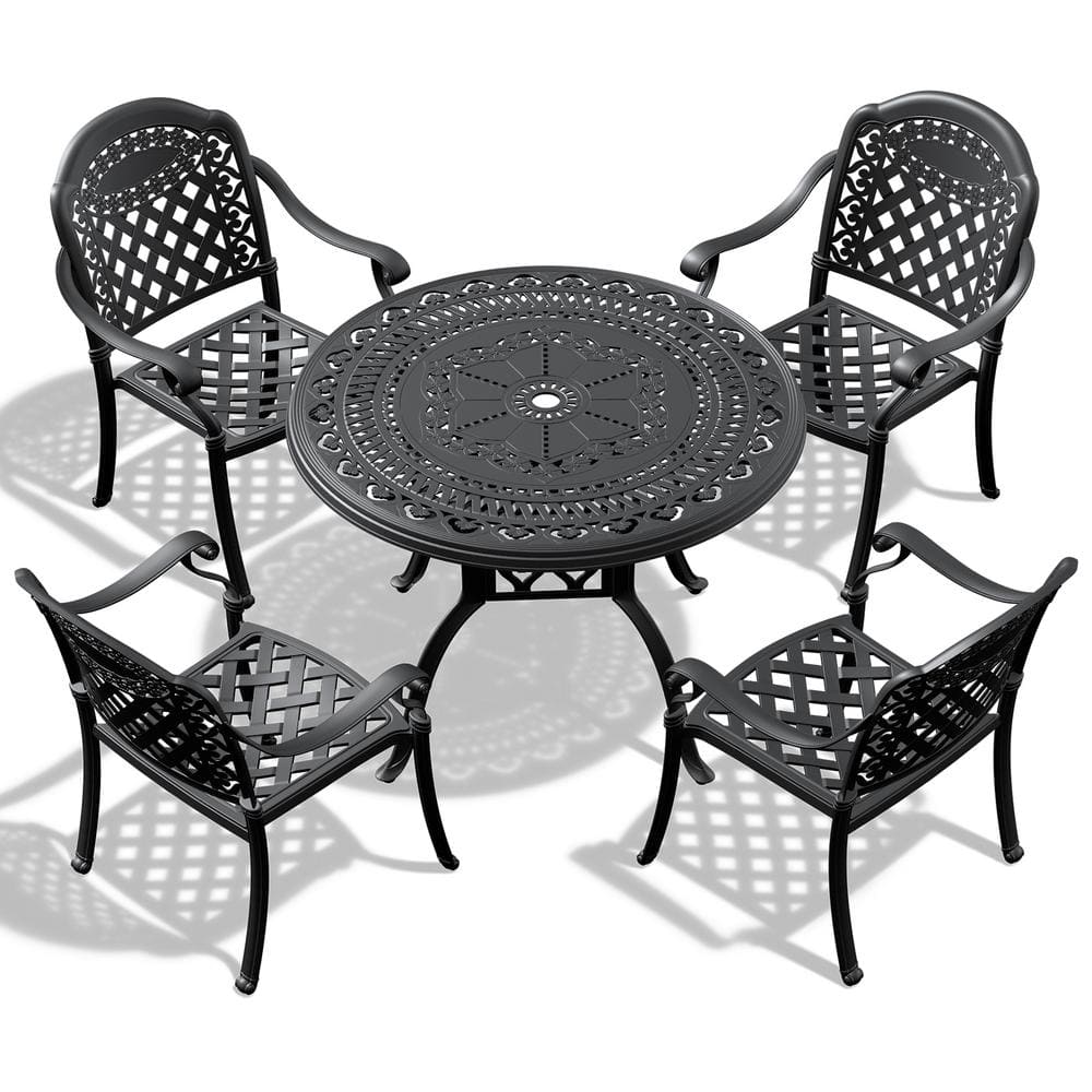 5-Piece Black Frame Cast Aluminum Outdoor Dining Set, with Round Table, with Seat Cushions In Random Colors