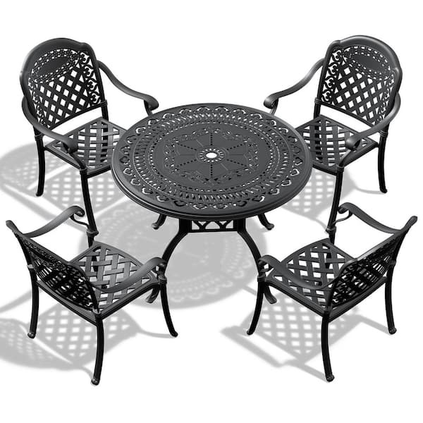 Unbranded 5-Piece Black Frame Cast Aluminum Outdoor Dining Set, with Round Table, with Seat Cushions In Random Colors
