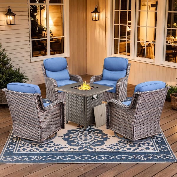 Holion Brown 5-Piece Outdoor Wicker Patio Fire Pit Conversation Set with Blue Cushions and Swivel Rocking Chairs