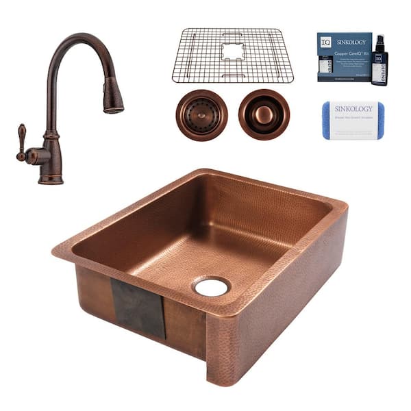 SINKOLOGY Lange 30 in. Farmhouse Single Bowl 16 Gauge Antique Copper Kitchen Sink with Canton Faucet Kit