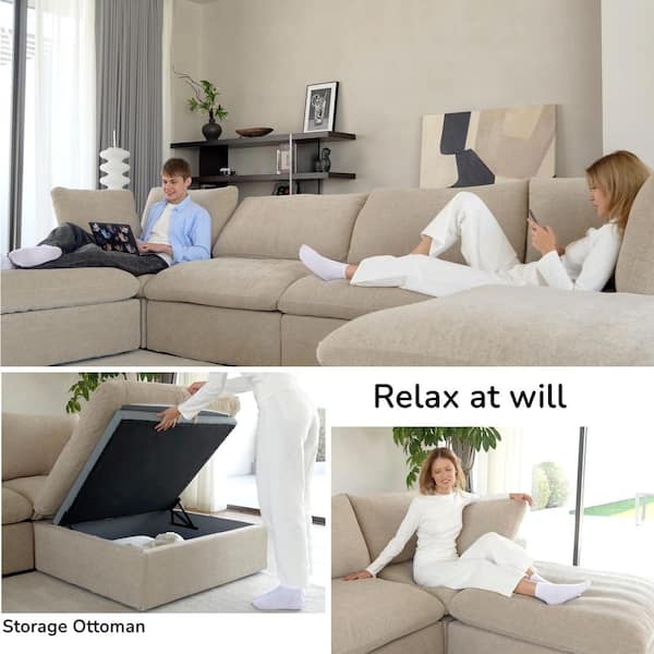 Storage 118 in. Square Arm Microfiber V-Shaped Modular Sofa Corner Cloud Couch with Ottoman, Washable Covers in Khaki