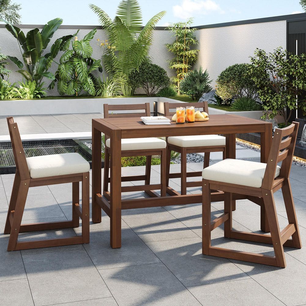 Mocha 5-Piece Wood Outdoor Bar Set with Beige Cushions price history on PriceWatchPro
