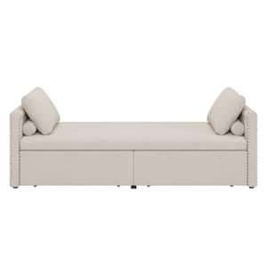 Beige Metal Linen Fabric Outdoor Day Bed with Cushions, 2 Drawers, No Mattress Needed for Living Rooms, Home, Office