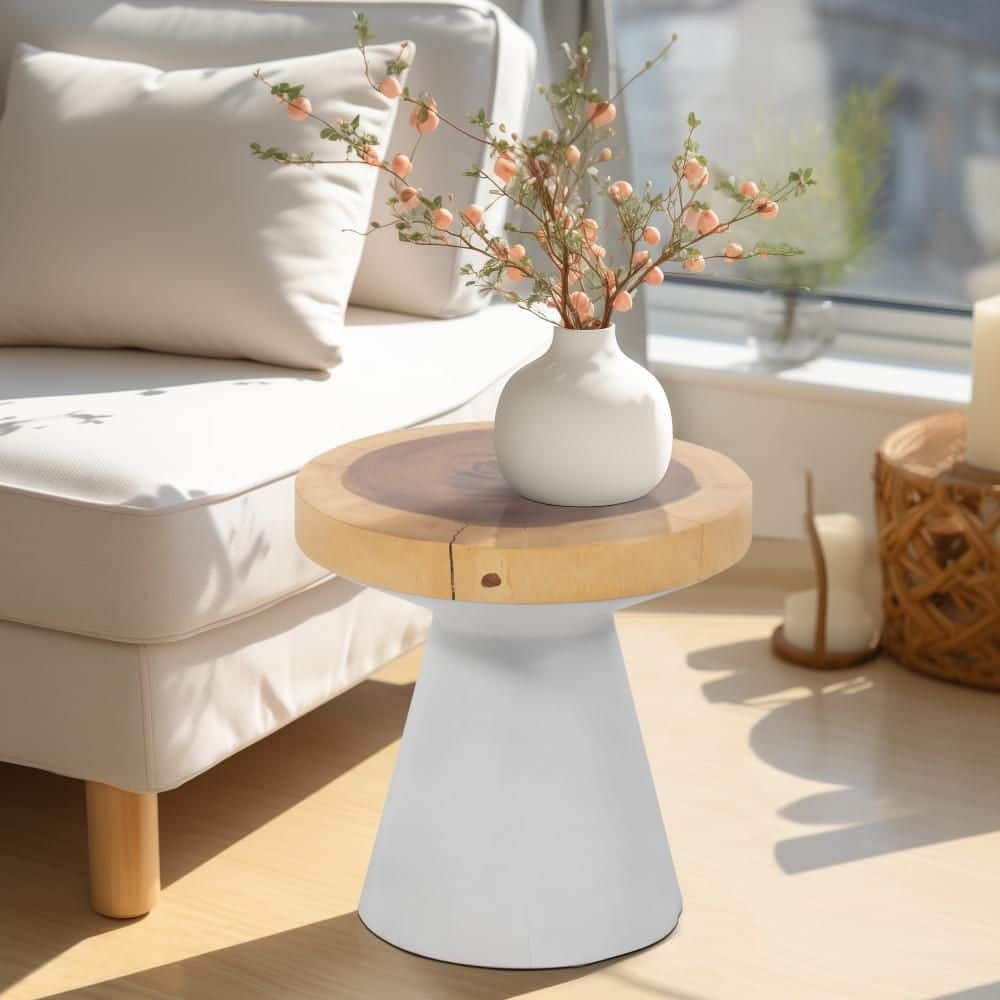 16" Natural Suar Wood Round Accent Table with White Base