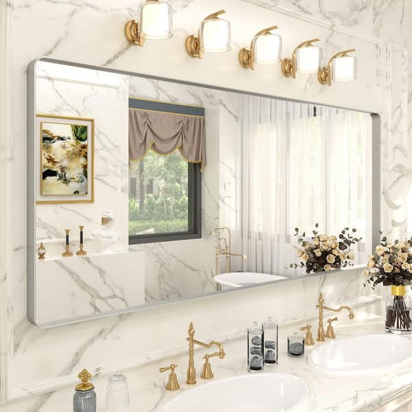 Apmir 72 in. W x 32 in. H Rectangular Aluminum Alloy Framed and Tempered Glass Wall Bathroom Vanity Mirror in Brushed Silver
