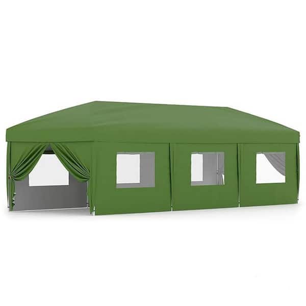 30 ft. x 10 ft. Instant Pop Up Canopy Tent Sun Shelter in Green with 8 Sidewalls & Portable Roller Bag