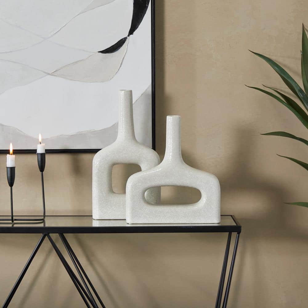 Set Di 3 Vasi In Ceramica Bianca Con Manici - CosmoLiving - Altezza 27-33 Cm - Stile Moderno - 6