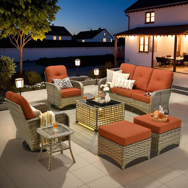 Beverly Gray 7-Piece Wicker Patio Conversation Sofa Swivel Chairs Set with Ottomans and Orange Red Cushions