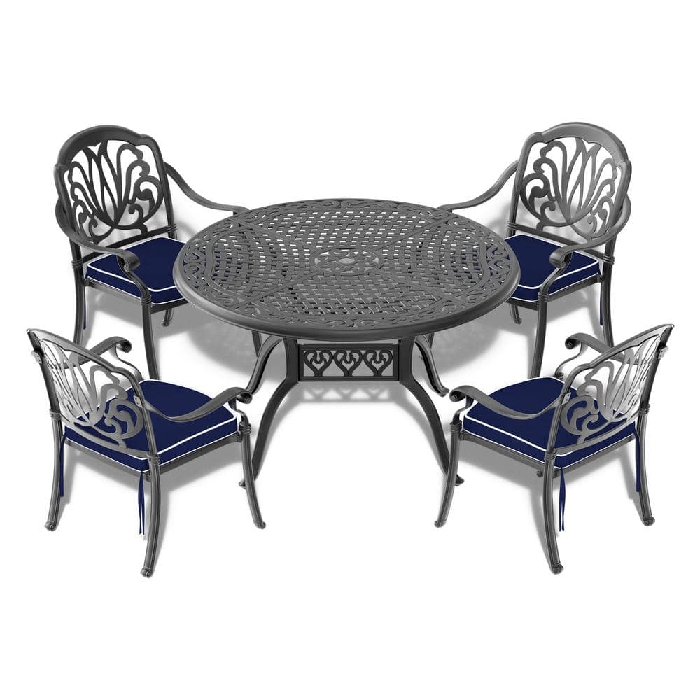 5-Piece Set of Cast Aluminum Patio Outdoor Dining Set with Random Colors Cushions and Black Frame -  Runesay, 21FJF-1-VB