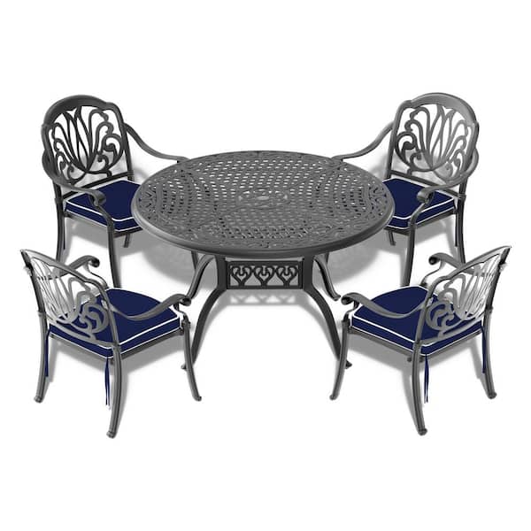 Runesay 5-Piece Set of Cast Aluminum Patio Outdoor Dining Set with Random Colors Cushions and Black Frame