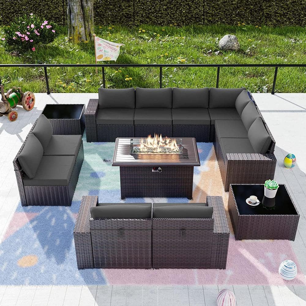 Halmuz 13-Piece Wicker Patio Conversation Set with 55000 BTU Gas Fire Pit Table and Glass Coffee Table and Grey Cushions