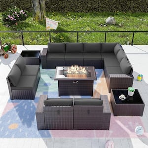 13-Piece Wicker Patio Conversation Set with 55000 BTU Gas Fire Pit Table and Glass Coffee Table and Grey Cushions