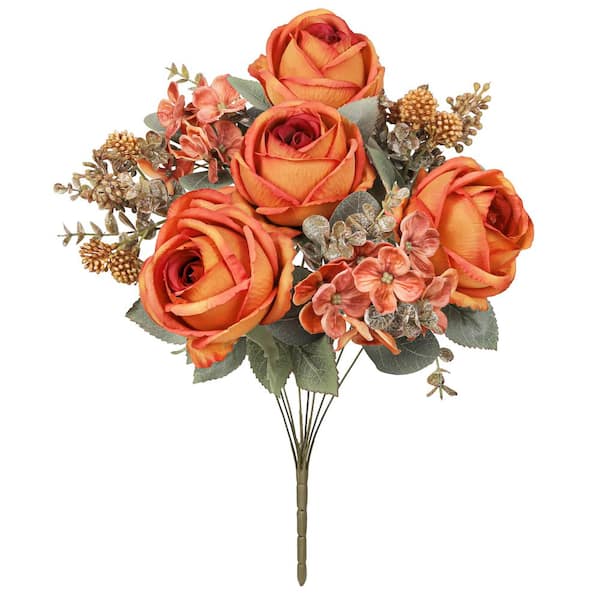 19 in. Orange Artificial Mixed Rose Hydrangea Berry Flower Stem Bush Bouquet (Set of 2)