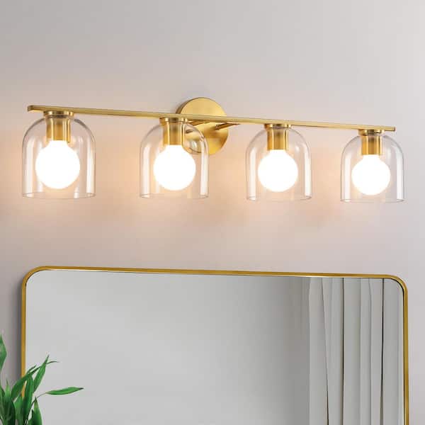 32 in. 4-Light Modern Gold Vanity Light with Clear Glass Shade Farmhouse Wall Sconce For Bathroom Light Fixtures
